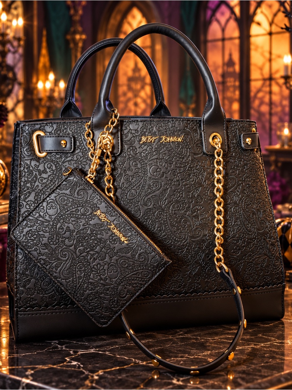 Betsey Johnson Black Satchel Bag NWT  Gold RARE Design & embossment. HALLOWEEN